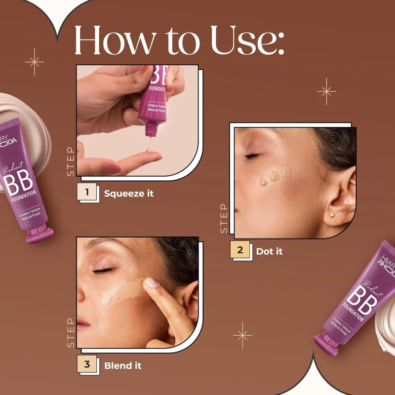 Hilary Rhoda Radiant BB Foundation for Women | 9 to 5 Stay BB Cream | Hides Blemishes & Dark Spots | Blend Easily | Lightweight & Ultra-Creamy Formula | Travel-Friendly & Dewy Finish - 60g (Natural| Shade 04) thumbnail 8